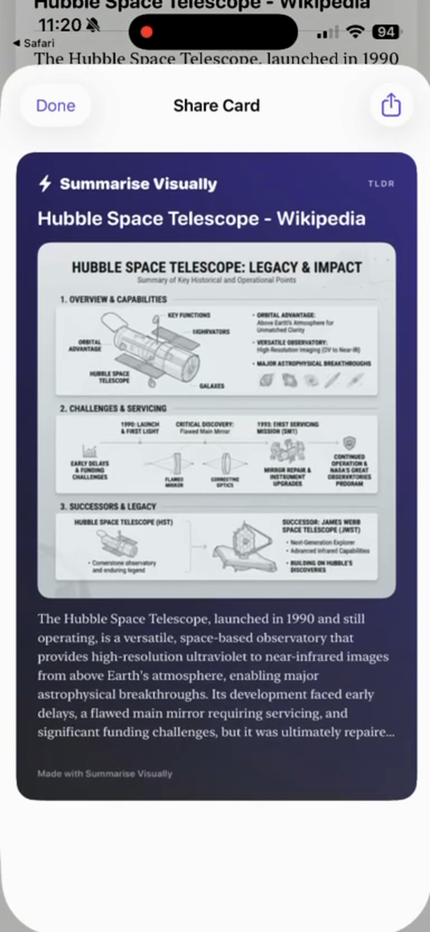 Visual summary card shown inside Summarise Visually